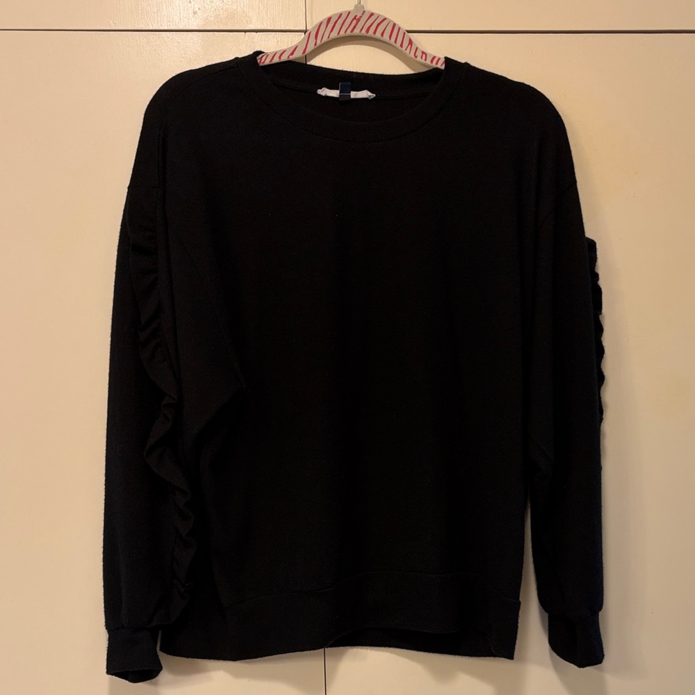 Black Crewneck Sweater - Classic Casual Pullover with Ruffle Sleeves